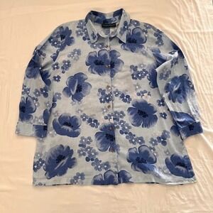 Harvé Benard Linen Cotton Floral Button Up Shirt Womens 2X Blue Long Sleeve